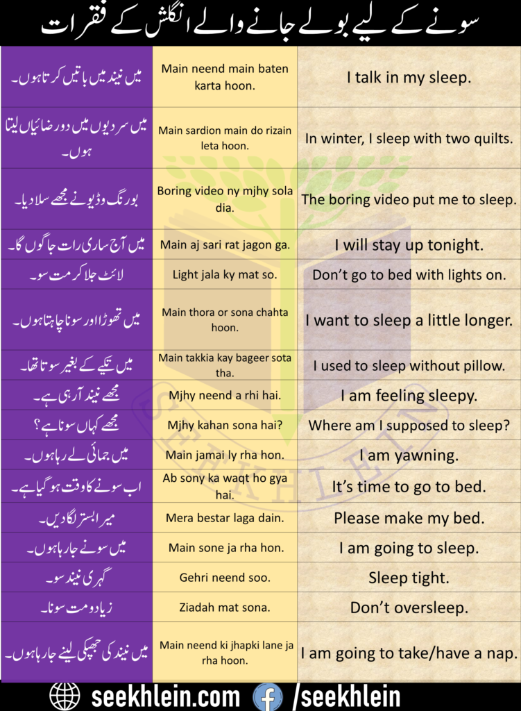 English sentences for sleep