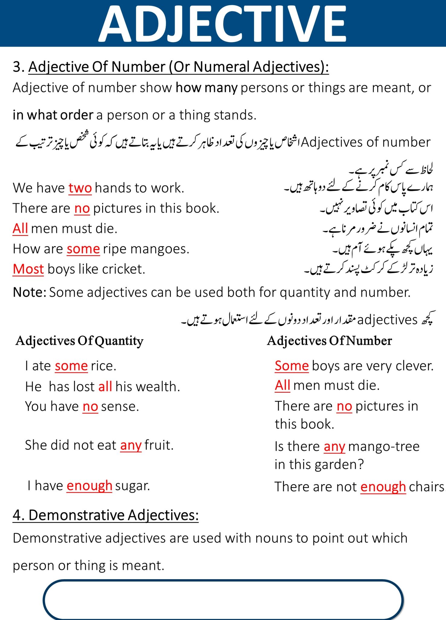 Adjective Of Number 
Demonstrative Adjective