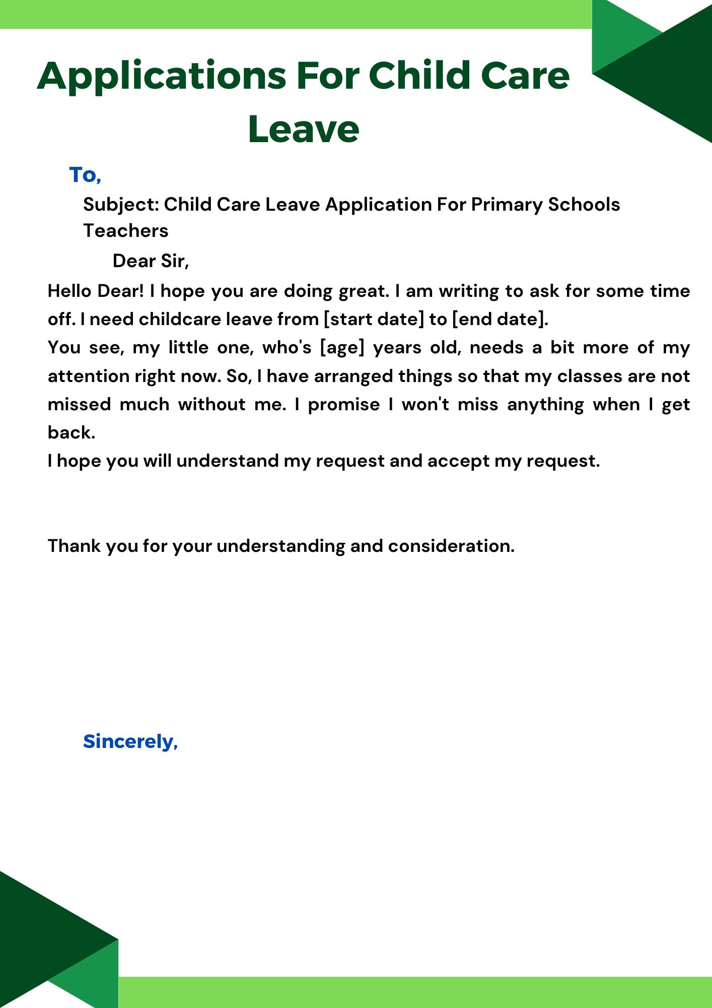 Child Care Leave Application For Primary School Teacher (Sample-10)