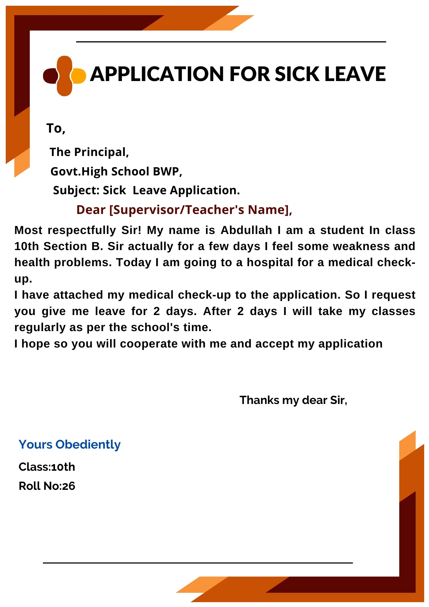 Sick Leave Application Format For Class-10th