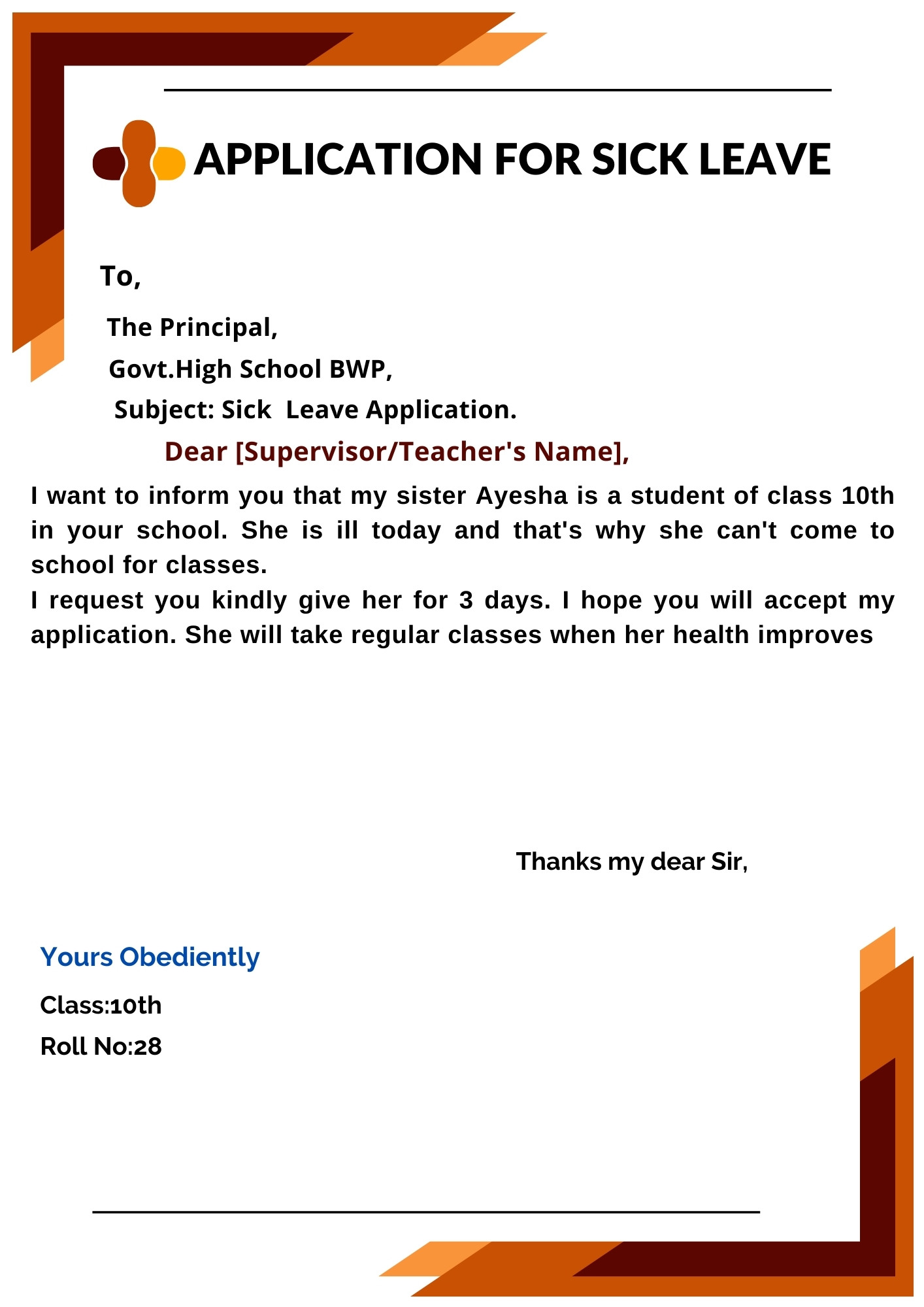 Sick Leave Application Format For School And College Students By Parents