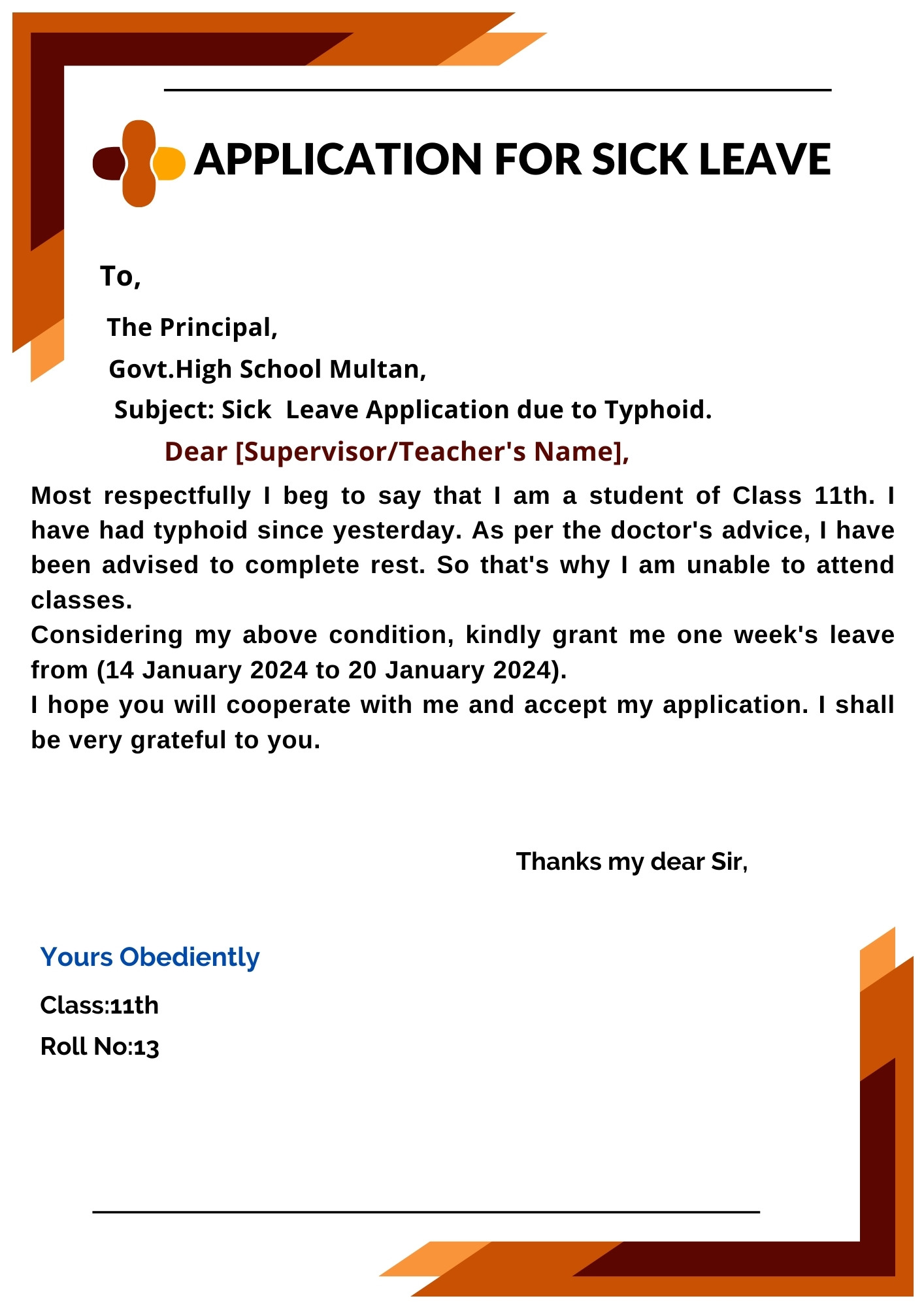 Format For Sick Leave Application Due To Typhoid