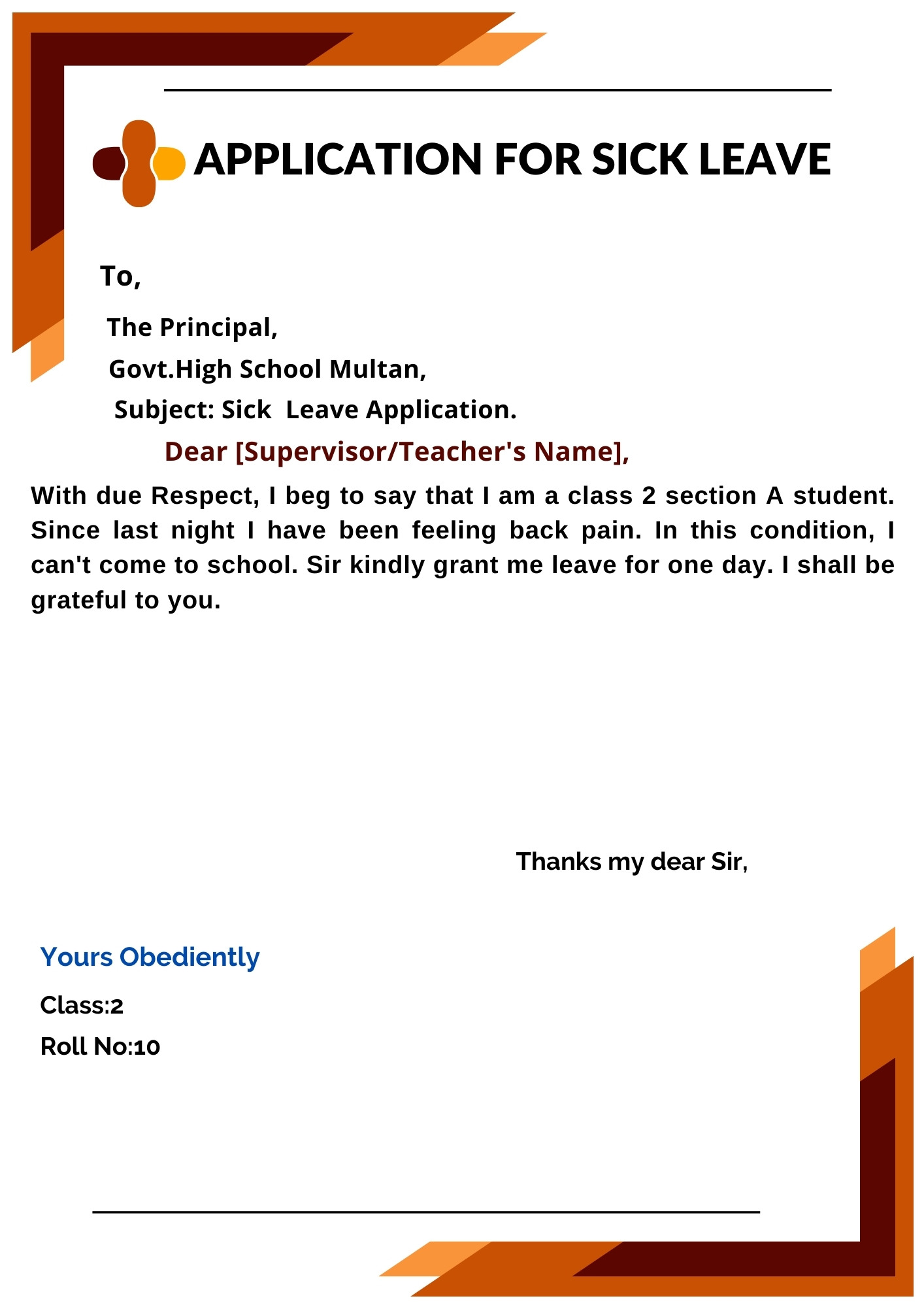 Sick Leave Application Format For Class-2