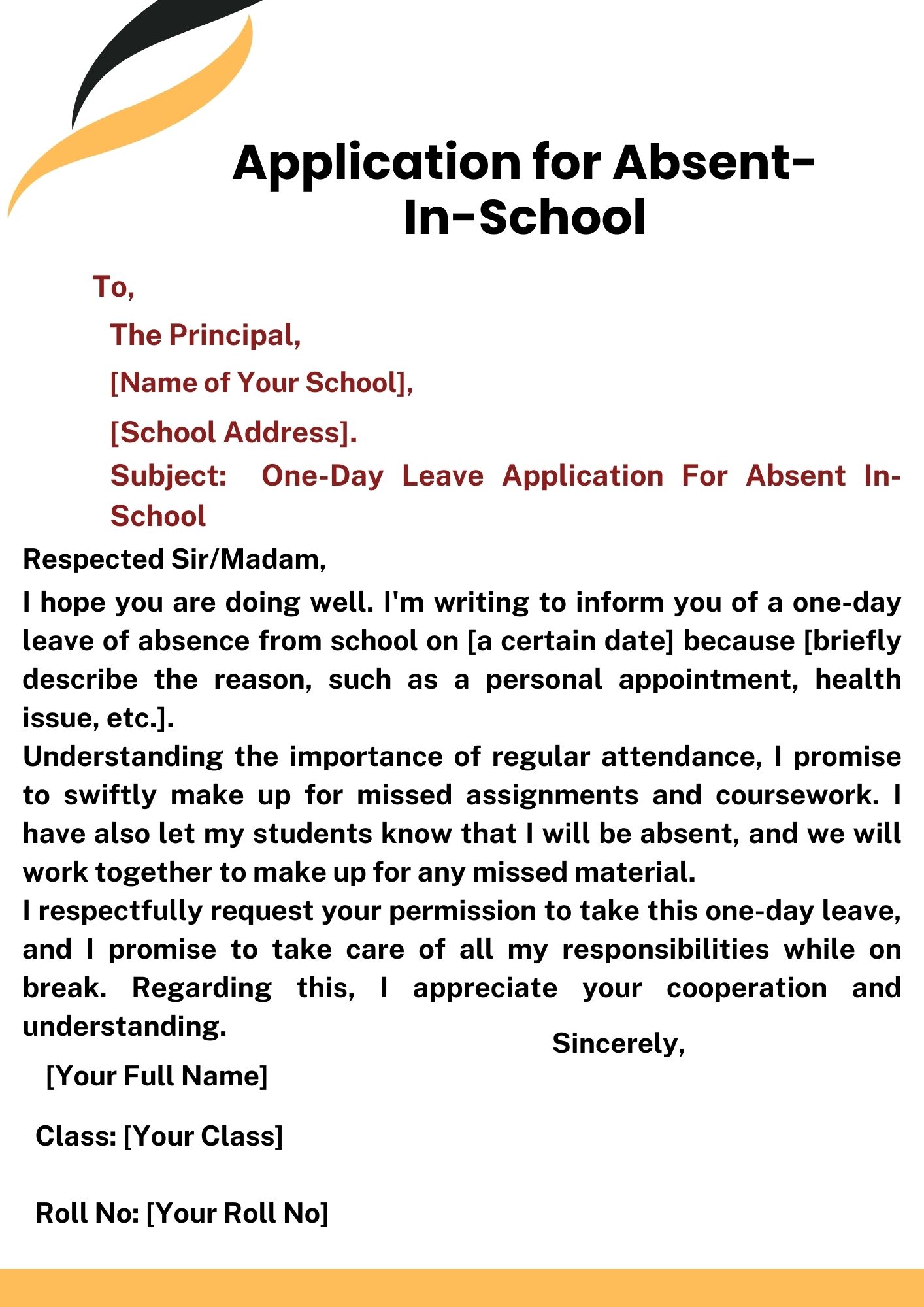  One-Day Leave Application For Absent In-School
